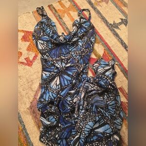 Blue and Black Butterfly Print Dress